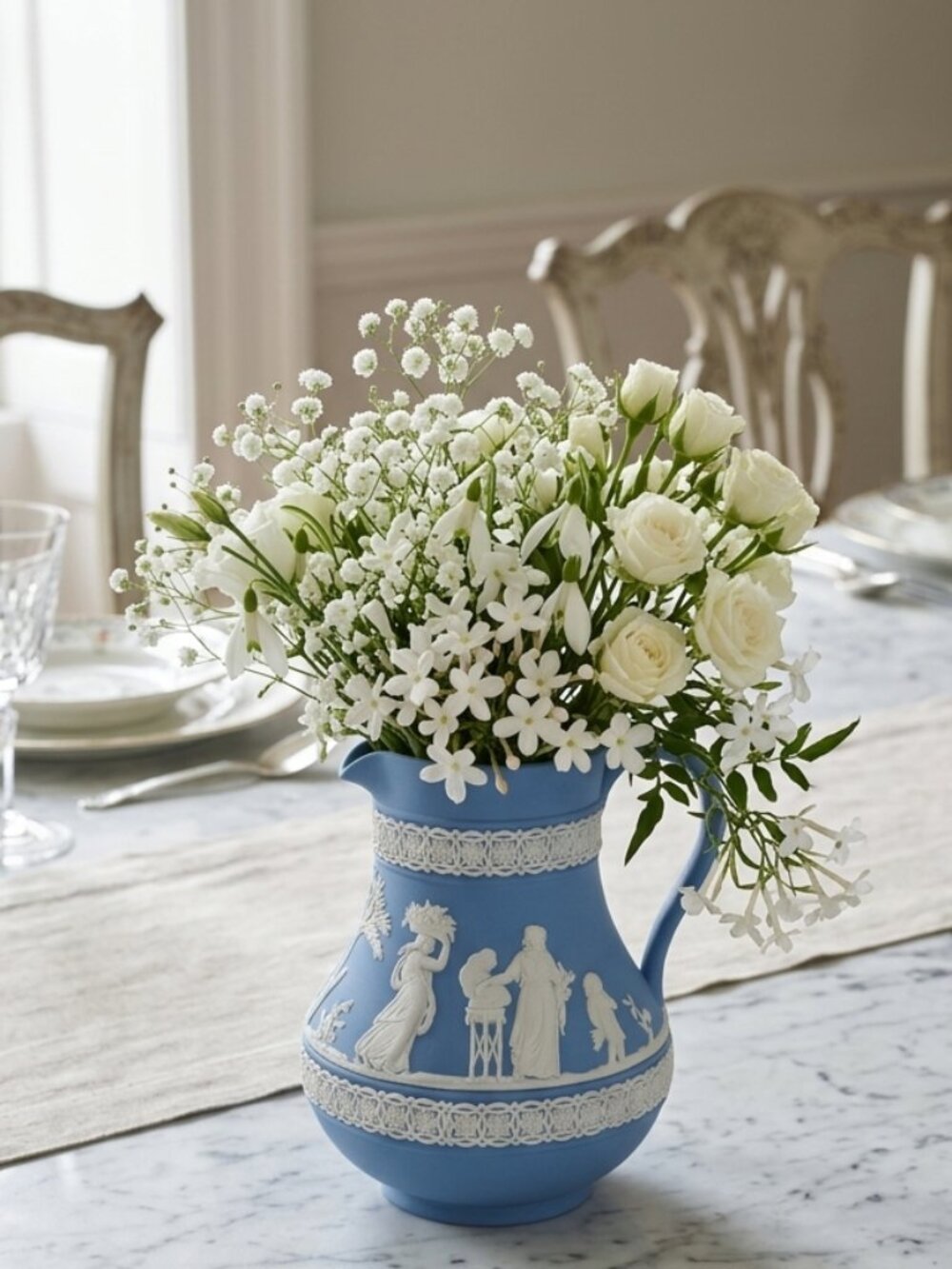 Wedgwood Blue Jasperware Etruscan Jug with White Motif